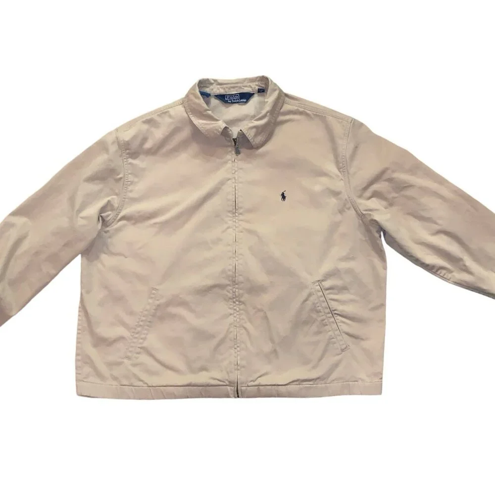 VTG Polo Ralph Lauren Jacket Mens XL Khaki Full Zip Dad Bomber Canvas Navy Pony